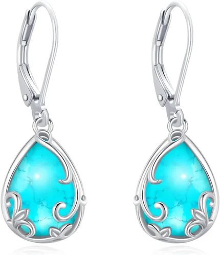 Miniatura 260 de Aretes colgantes de plata de ley con diseño de árbol de la vida, flor, abeja, animales, gato, colibrí, piedra lunar, turquesa, aretes con cierre