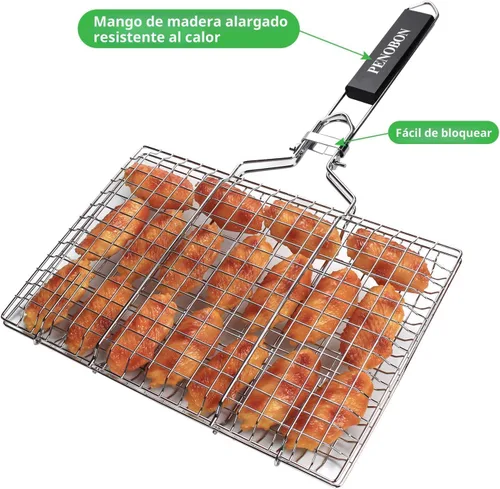 Miniatura 2 de Cesta para asar pescado, plegable, portátil, de acero inoxidable, para pescado, verduras, camarones con mango extraíble, viene con cepillo