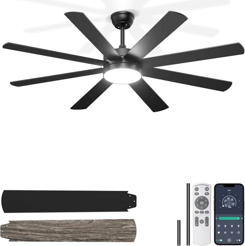Ventiladores de techo de 60 pulgadas con luces – Moderno ventilador de techo negro con control remoto/aplicación, regulable, silencioso ventilador