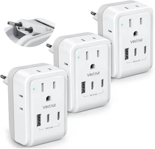 Miniatura 10 de Paquete de 2 adaptadores de enchufe de viaje europeo, VINTAR Adaptador de alimentación internacional plegable con 4 tomas de corriente AC, 3 puertos