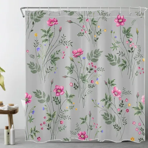 Miniatura 8 de Cortina de ducha floral rosa para baño, flores silvestres y hojas verdes salvia sobre beige, cortinas de ducha con ganchos, juego de cortinas
