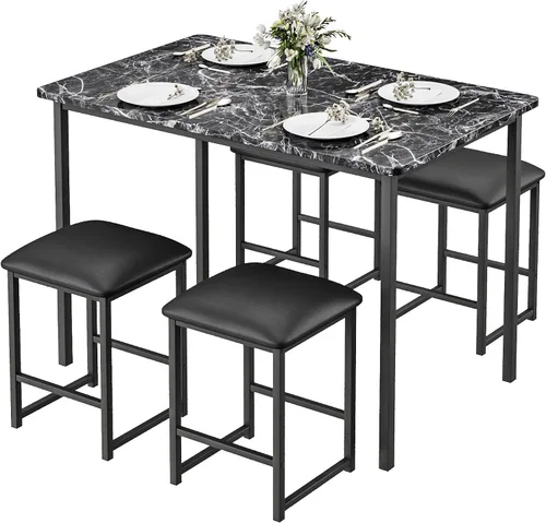 Miniatura 11 de VECELO Mesa y sillas de cocina para 4, juego de comedor con sillas/taburetes de poliuretano, marco de metal resistente, mesa de madera, diseño que