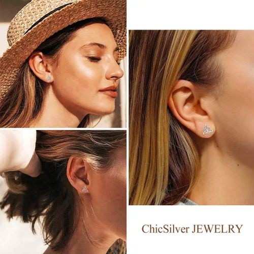 Miniatura 2 de ChicSilver Aretes de nudo celta hipoalergénicos de plata de ley 925 con forma de corazóntriángulo, joyería celta para mujer, plataorooro rosa