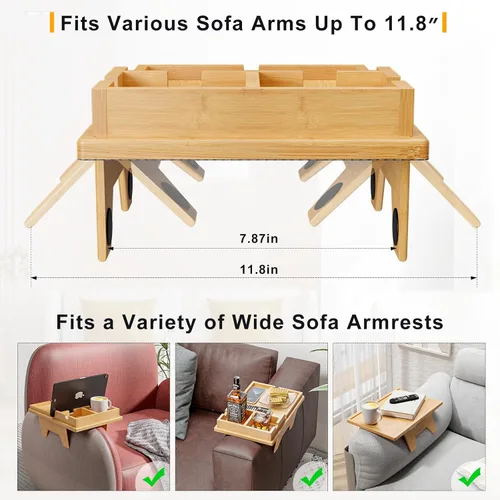 Miniatura 4 de Bestjing Bandeja de bambú para portavasos de sofá – 2 en 1 con soporte doble desmontable Be Slide-Away – Sofá sillón Caddy para beber aperitivos