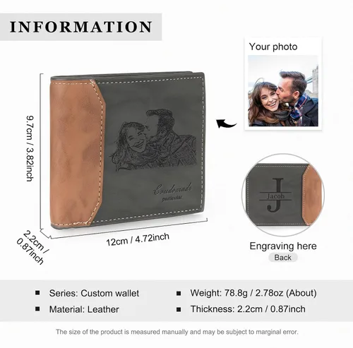 Miniatura 2 de Carteras personalizadas para hombres, cartera personalizada para hombre con imagen grabada y nombre, billetera delgada de cuero plegable, regalos