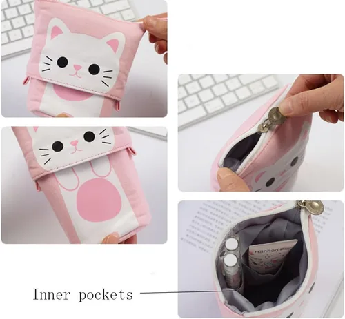 Miniatura 6 de iSuperb - Portalápices convertible para soporte y almacenamiento, de lona y poliuretano, con caricatura de gato adorable; cartuchera telescópica