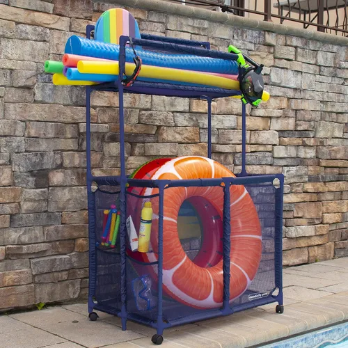 Miniatura 3 de Soporte para Fideos de Piscina, Juguetes, Flotadores, Pelotas, Contenedor Organizador de Almacenamiento de Malla Rodante de Doble Nivel, Grande