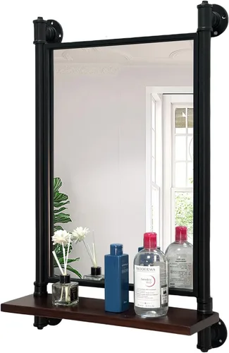 Miniatura 4 de Espejo de tubo industrial, estantes de madera, espejo de dormitorio con estante, espejos rectangulares de pared de hierro para sala de estar