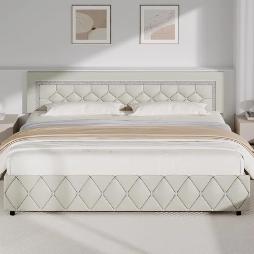 Miniatura 20 de BarnFurin Base de cama y cabecero tamaño King, cama tapizada de piel sintética con diseño capitoné de diamante, base de cama de plataforma moderna