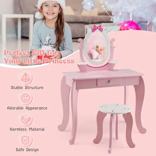 Miniatura 6 de HONEY JOY Juego de tocador para niños, Espejo ovalado de rotación 360 grados, juego de tocador de maquillaje de princesa para niñas pequeñas, juego