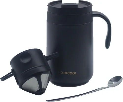 Miniatura 3 de Cafetera portátil de 16 onzas con filtro plegable y agitador, taza de viaje aislada de acero inoxidable con tapa, no necesita filtro de papel, sin