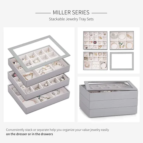 Miniatura 7 de Vlando - Bandeja organizadora de joyas apilable de gran capacidad organizador de cajones bandeja de exhibición caja para anillos aretes collares