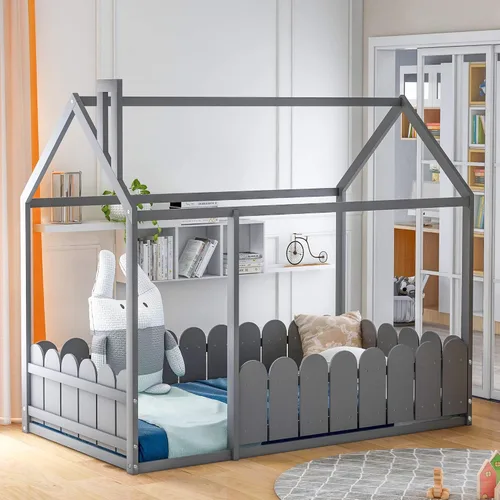 Miniatura 12 de Merax House Bed Twin Size Wood Bed Frame with Roof and Fence for Girls, Boys, Weight Capacity No Limit (Espresso)