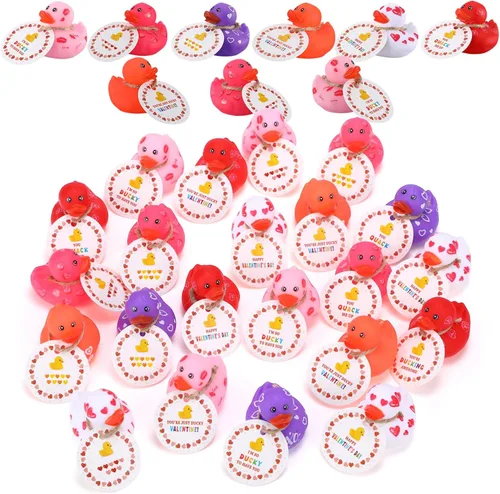 Miniatura 8 de Jerify 48 patos de 2 pulgadas para San Valentín para niños, regalos de intercambio de aula, patos de goma para el día de San Valentín con tarjetas