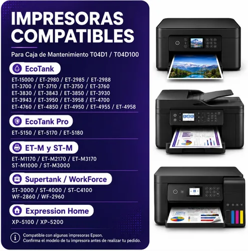 Miniatura 3 de Caja de mantenimiento T04D1/E04D1 para Epson EcoTank y Workforce Compatible con ET-3750 ET-4850, ET-4750 ET-4760 ET-3850 ET15000 ET-2980 ET-3950