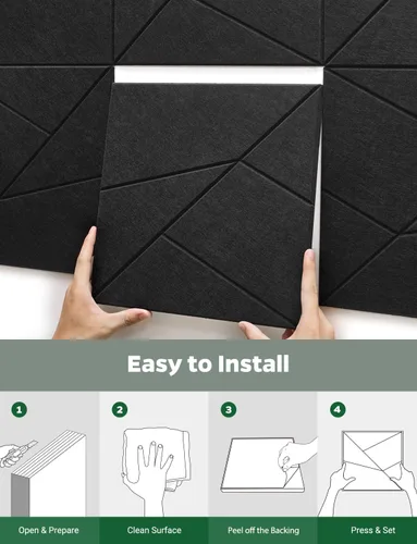 Miniatura 8 de Paquete de 18 paneles acústicos absorbentes de sonido para pared de sala de juegos, línea de corte decorativo negro, despegar y pegar, reducción
