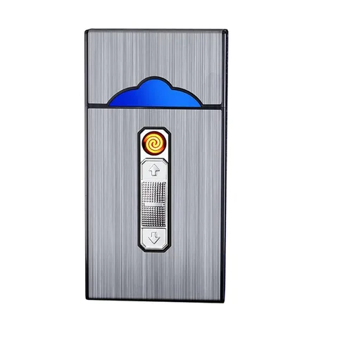 Miniatura 10 de Caja de cigarrillos de aluminio con encendedor eléctrico, encendedor USB recargable, regalo para mujeres, hombres, padre, madre (negro)