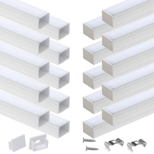 Miniatura 10 de Muzata Paquete de 10 unidades de 6.6 pies/6.6 ft de ancho con sistema de canal LED plateado sin manchas en forma de U con cubierta difusora blanca