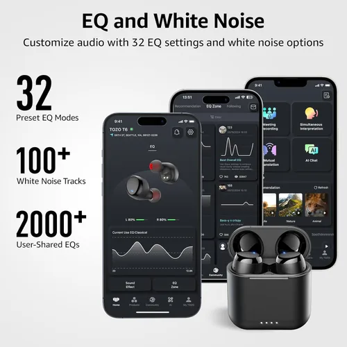 Miniatura 6 de TOZO Auriculares inalámbricos T6, auriculares Bluetooth, sonido estéreo en el oído, 50 horas de reproducción, llamada clara AI, funda de carga Negro