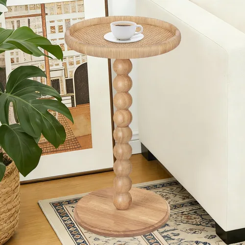 Mesa de bebidas, mesa auxiliar redonda pequeña de ratán bohemio para espacios pequeños, mesa auxiliar circular de madera maciza para sala de estar,