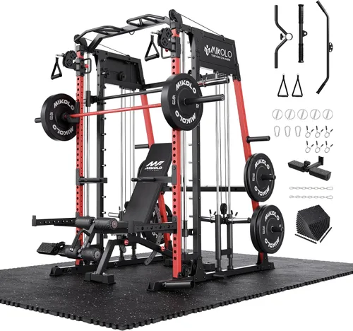 Miniatura 17 de Máquina de Smith Mikolo, banco de sentadillas de 2200lbs con sistema de tracción LAT y máquina de cruce de cables, equipo de entrenamiento con Rojo