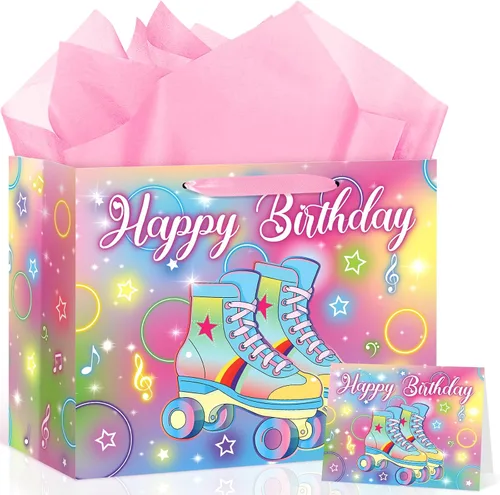 Miniatura 8 de Patinaje sobre ruedas para decoración de cumpleaños, bolsa de regalo de cumpleaños con papel de regalo y tarjeta, bolsa de papel grande y colorida