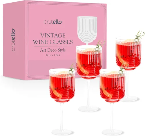 Miniatura 11 de Crutello Copas de vino modernas, cristalería acanalada única de 17 onzas con textura de cristalería acanalada vintage y borde dorado, copas de vino