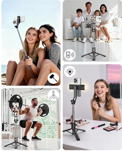 Miniatura 6 de Palo de Selfie de 40" con Luz y Control Remoto Inalámbrico, Soporte de Trípode Portátil para Teléfono para iPhone y Android, Palo de Selfie Ligero