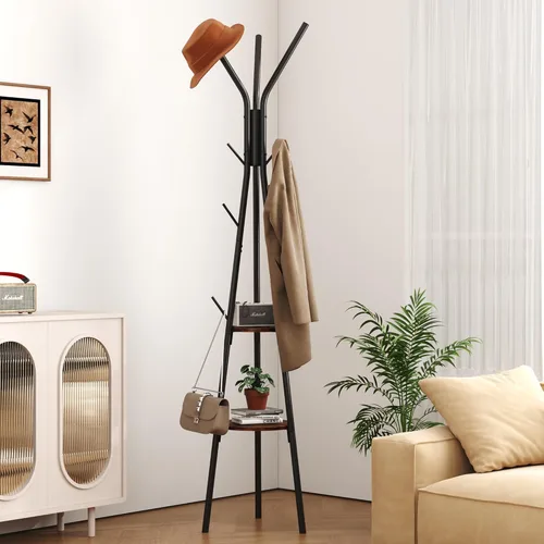 Miniatura 3 de HOMEFORT Perchero, perchero con 2 estantes, árbol de pasillo independiente, colgador de metal para sombreros con 12 ganchos para ropa, sombreros