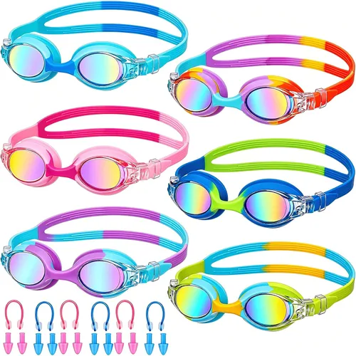 Miniatura 10 de Macarrie 6 gafas de natación para niños, sin fugas, antiniebla, para niños y niñas, con clip para la nariz, tapones para los oídos, de 3 a 14 años