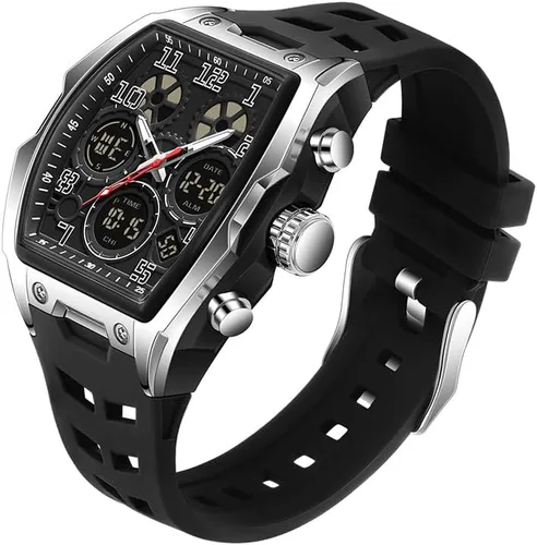 FANMIS Reloj para hombre de moda hueco único rectángulo reloj de pulsera impermeable deportivo digital analógico doble pantalla cronómetro punk