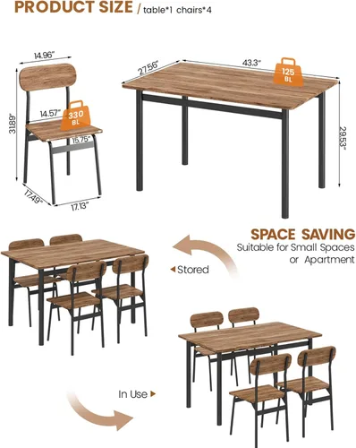 Miniatura 2 de furlinkhm Juego de mesa de comedor de cocina para 4, moderno juego de mesa y sillas de comedor rectangulares de 5 piezas, juego de mesa de metal