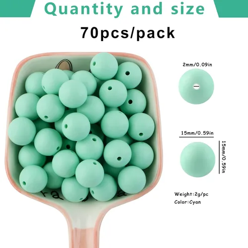 Miniatura 4 de Sunrony 70 cuentas de silicona para hacer collares, cuentas redondas de silicona a granel de 0.59 pulgadas para bolígrafos (verde menta)