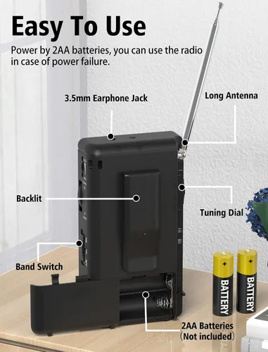 Miniatura 8 de Radio portátil AM FM, radio a batería con altavoz grande de 3 W, radios de transistor con la mejor recepción, bolsillo con clip trasero, linterna