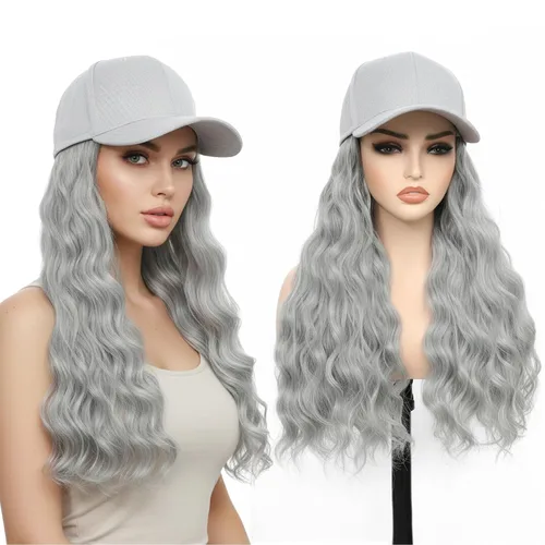 Miniatura 8 de Gorra de béisbol con peluca de cabello largo ondulado natural, con gorra, resistente al calor, mezcla sintética marrón rubio, fibras ajustables