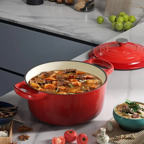 Miniatura 6 de Miereirl Olla holandesa esmaltada de 6 cuartos de galón con tapa, horno holandés de hierro fundido con doble asa para hornear pan, cocinar, Rojo