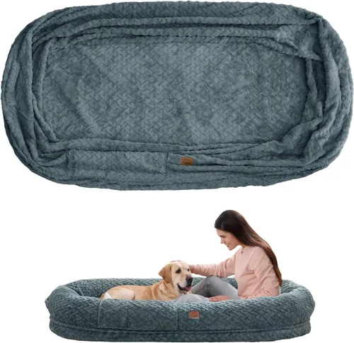 Miniatura 15 de ChiXnuggle Cama humana para perros adultos – Cama gigante de piel sintética rayada de lujo para perros con asa portátil, almohadilla de espuma