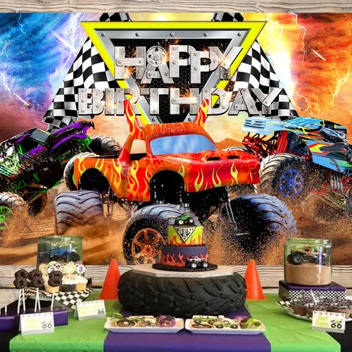 Miniatura 2 de Newsely Suministros de fiesta de cumpleaños con temática de camión Telón de fondo 7 pies de ancho x 5 pies de alto Monster Boys Kids Feliz 03Truck