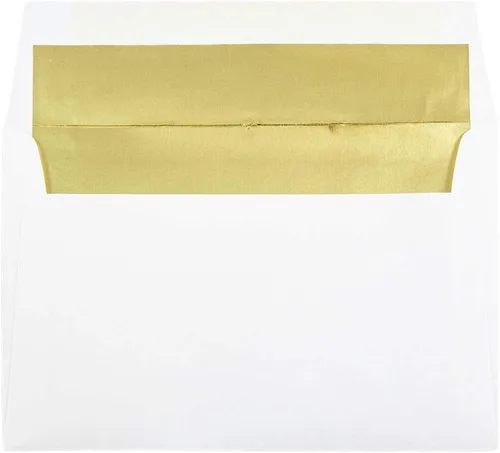 Miniatura 8 de JAM PAPER Sobres de invitación forrados de papel de aluminio de 3 7/8 x 8 1/8, color blanco con lámina dorada, paquete de 50 unidades Papel dorado