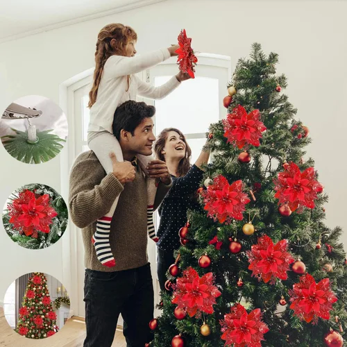 Miniatura 2 de 18 flores de Pascua de Navidad con purpurina, decoraciones de nochebuena roja para adornos de árbol de Navidad