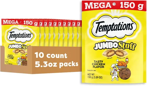 TEMPTATIONS Jumbo Stuff Crunchy and Soft Cat Treats Sabroso sabor a pollo, 5.3 oz (paquete de 10)