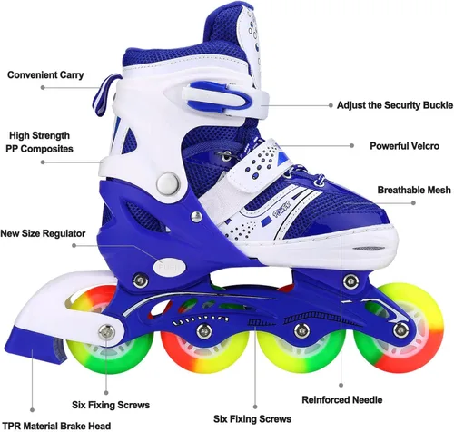 Miniatura 3 de Adjustable Inline Skates for Kids Ages 4–12, Light Up Wheels, Beginner Roller Skates for Boys & Girls, Outdoor & Indoor Skating Gift Azul