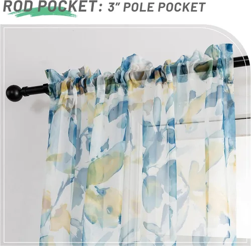 Miniatura 4 de VISIONTEX Cortinas transparentes con estampado de gasa, estilo abstracto europeo, estampado de hojas azules y amarillas, 2 paneles para decoración