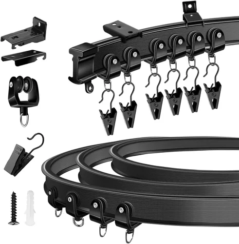 KOLAKO Riel de cortina de techo, riel de cortina flexible y plegable para montaje en pared o techo, negro, sistema de rieles de cortina curvados de
