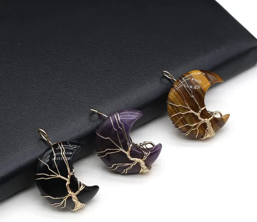 Miniatura 4 de 4 colgantes de piedra natural, forma de luna, chakra, cristal, ágata, alambre de piedra, tejer, diseño de árbol de la vida para hacer joyas