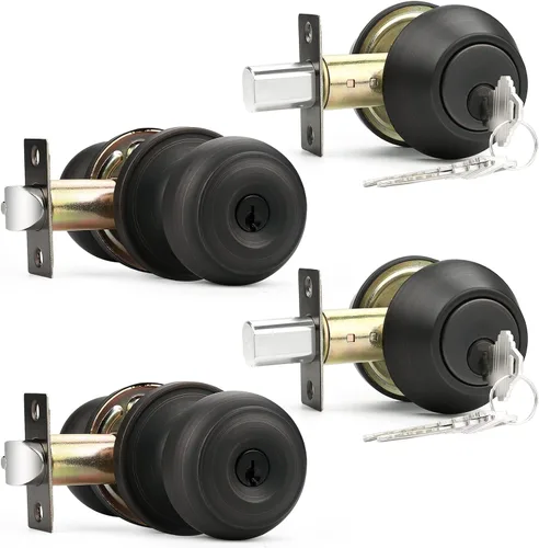 Miniatura 14 de Probrico Juego de cerradura de perilla de puerta de entrada y cerrojo de doble cilindro, negro plano (paquete de 3) con llave igual