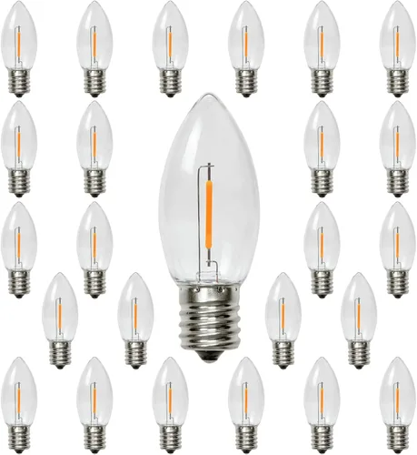 Paquete de 25 bombillas LED C9 de Navidad, bombilla LED C9 de repuesto para cadena de luces de Navidad, base intermedia E17, 2200 K blanco cálido,