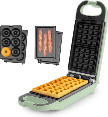 Miniatura 8 de AROMA Máquina de gofres intercambiable y abatible con platos extraíbles: prensa Panini 3 en 1, mini máquina de donas y plancha para gofres