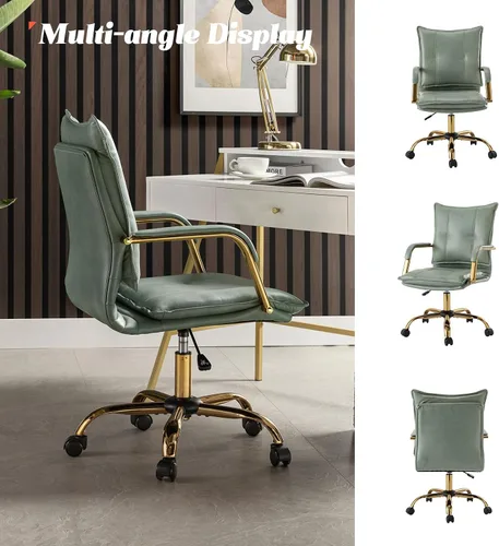 Miniatura 5 de HULALA HOME Silla de escritorio de piel sintética para oficina en casa, silla giratoria ajustable para computadora con patas y brazos dorados, silla
