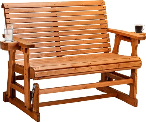Miniatura 9 de VINGLI Planeador de madera para patio, resistente de 600 libras para exteriores con portavasos, banco de madera individual con respaldo alto